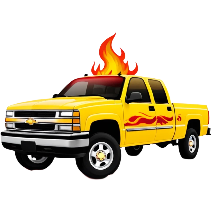 Yellow 1997 Chevrolet C-2500 Crew Cab Silverado with accurate red flame decal printed on the hood, exactly as seen in Kill Bill movie, 30-degree view showing detailed flame graphics, iOS emoji style emoji