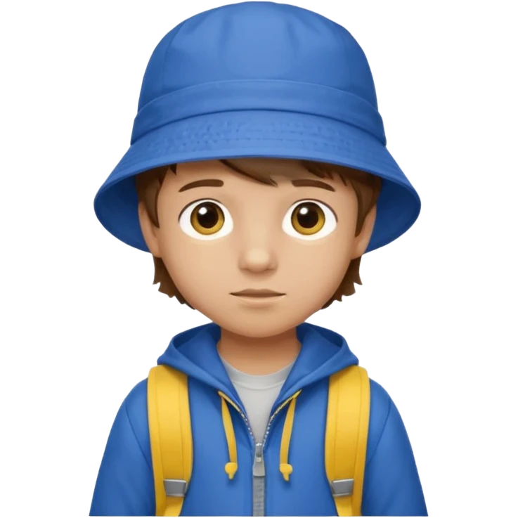 Little student, brown hair boy, wears blue bucket hat and jacket, yellow backpack, shy emoji