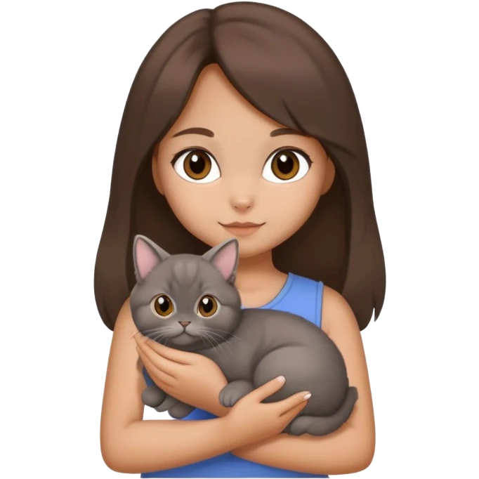 brunette chinita girl holding a brown holland lop rabbit, gray persian cat, and black kitten emoji