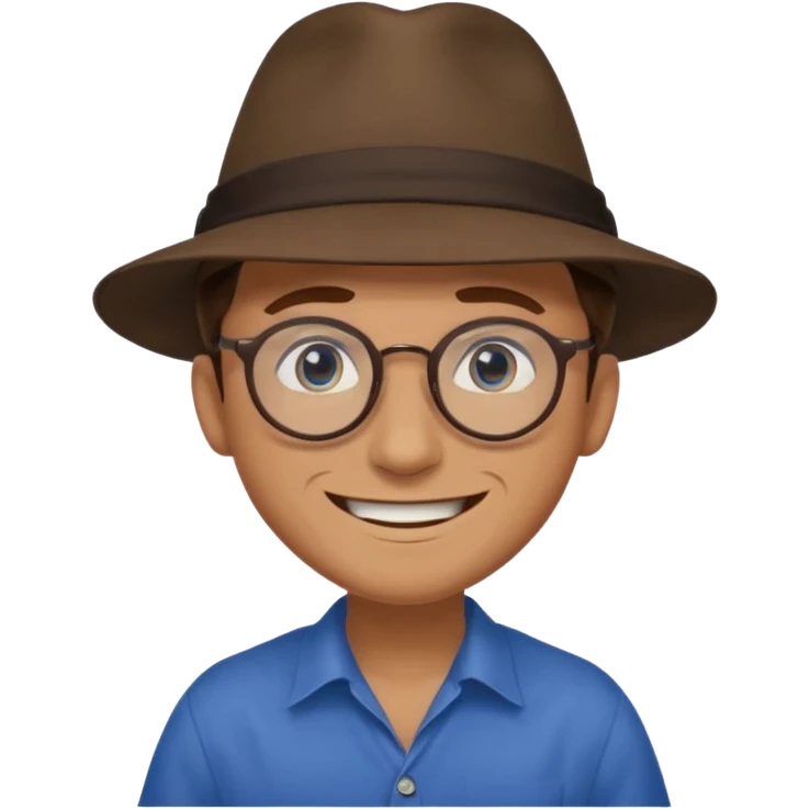 A man with sharp and thin face, brown round glasses, a brown hat and a brown costume with beige chemise (shoulders only), with blue eyes and a large smile on his face and menacing eyes. emoji