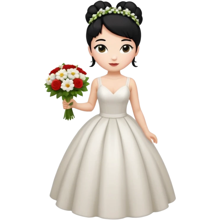 Chica blanca,cuerpo entero, vestido boda tirantes , pelo negro,   1 ramo de flores , pelo recogido en moño alto emoji