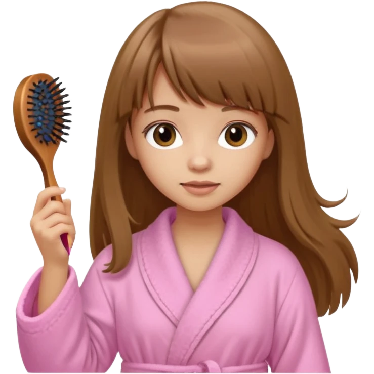 a girl with light skin and medium brown long hair with bangs who is brushing her hair with a hairbrush and she is wearing a light pink bathrobe emoji