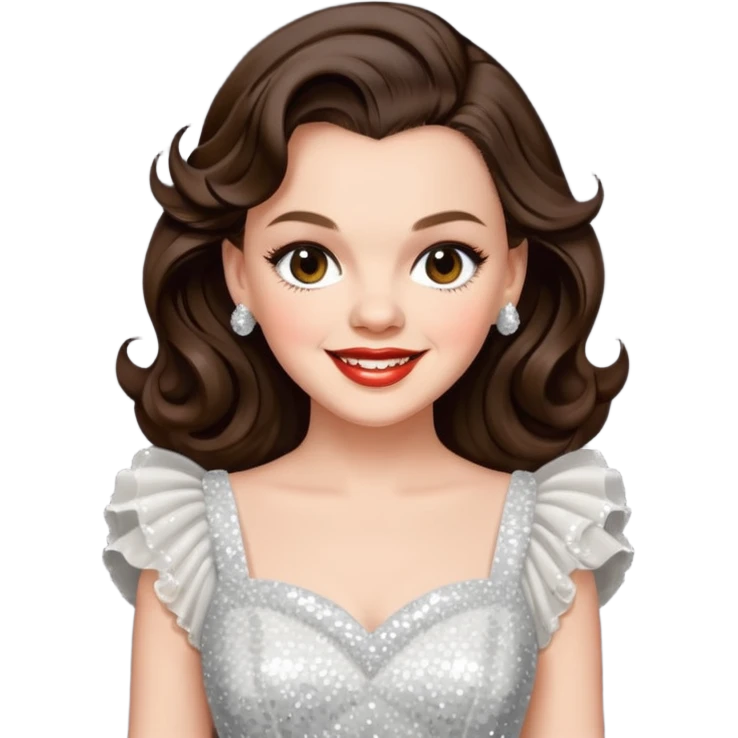 Judy Garland with long dark brown hair, white sequin dress emoji
