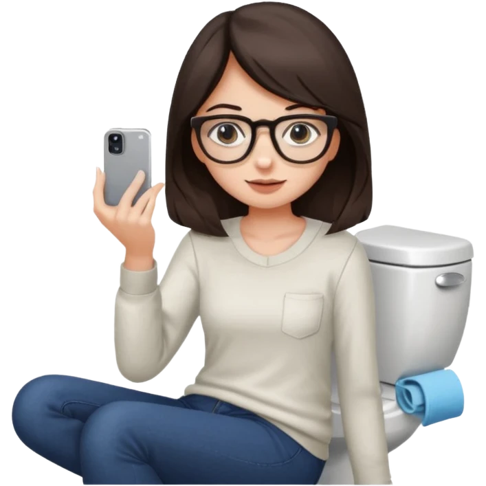 Fille châtain foncé avec lunettes. Elle est sur les toilettes. Et se prend en photo. emoji
