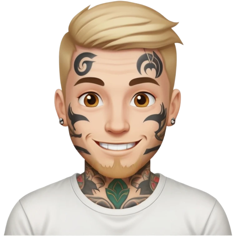 white man with bold face tattoo, happy face, wearing a white t-shirt emoji