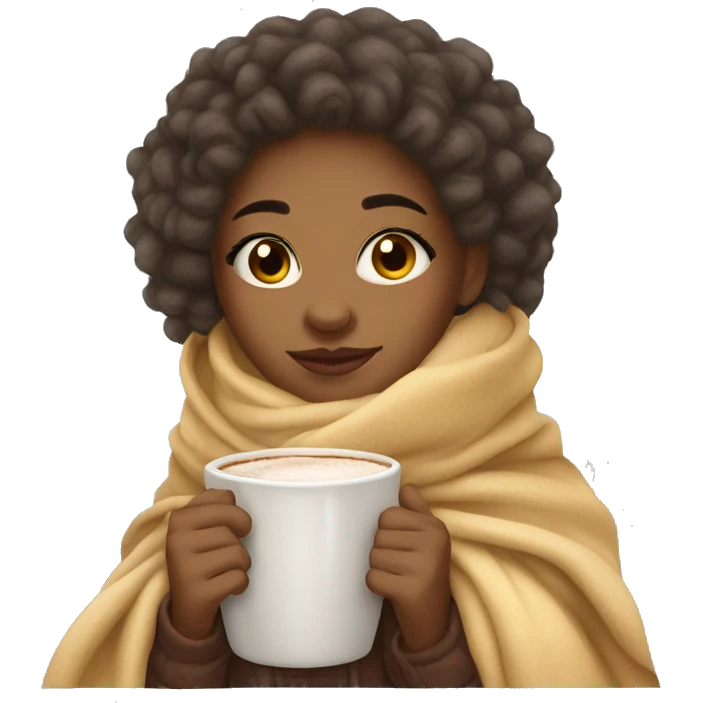 cute light skin girl with a blanket and hot cup of cocoa emoji