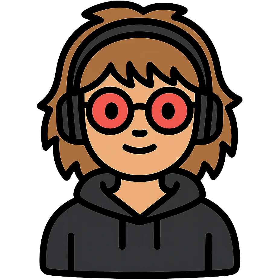tan brunette girl with a short wolf haircut, round ruby glasses, black headphones, and a black hoodie emoji