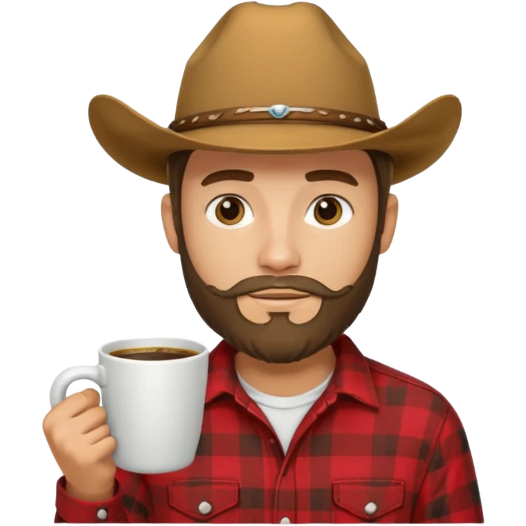 generate an ios genmoji of a 20 year old tan boy with a cowboy hat and side burn beard. Wearing a flannel and carrying a coffee mug emoji