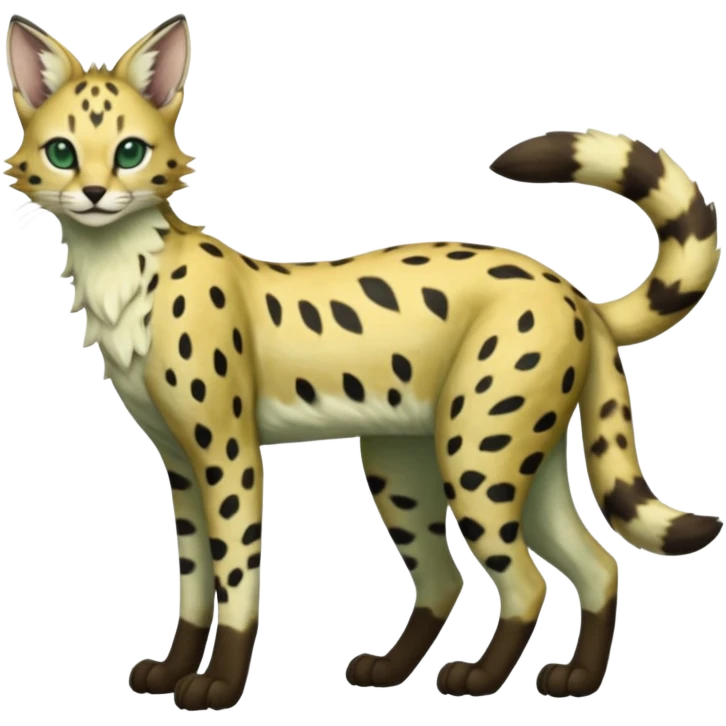 Epic complex detailed dark-hunter-green dark-brown beige pastel realistic aesthetic-scenic-Fakémon-Sprigatito-Floragato-Meowscarada-Trico-Sergal-Serval-Vernid-creature (full body) emoji