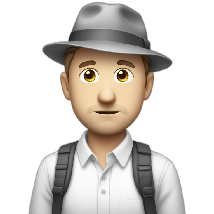 tim robinson wearing a grey fedora white shirt only looking scared and sad facing left - fabric attached to back of hat covering neck emoji