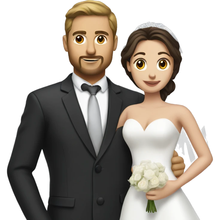 Brunette man with facial hair in a suit holding a brunette woman in a white wedding dress emoji