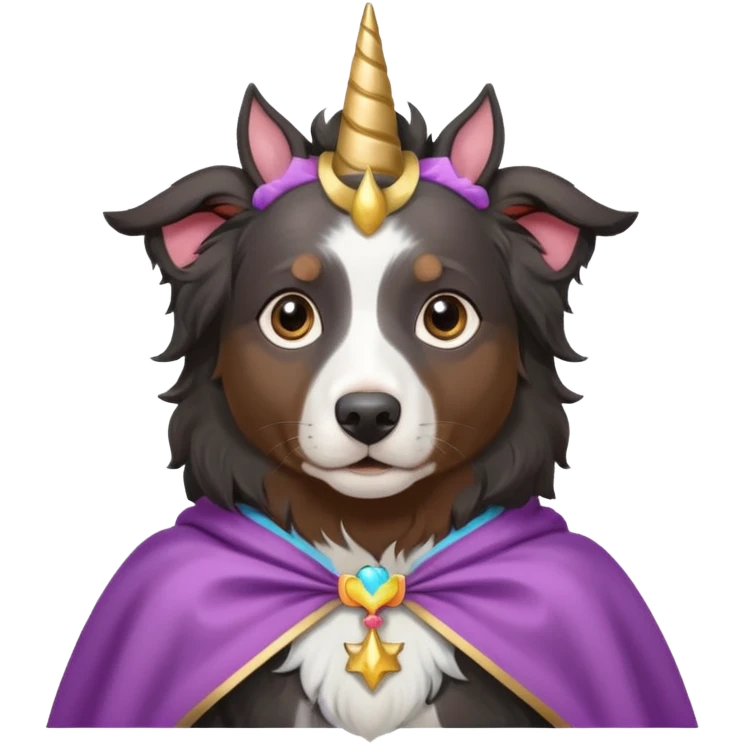 A daar autralian sheperd with a unicorn horn and a cape emoji