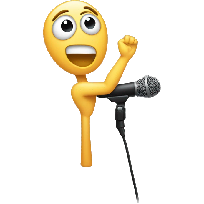 person with one arm extended, beneath a microphone emoji