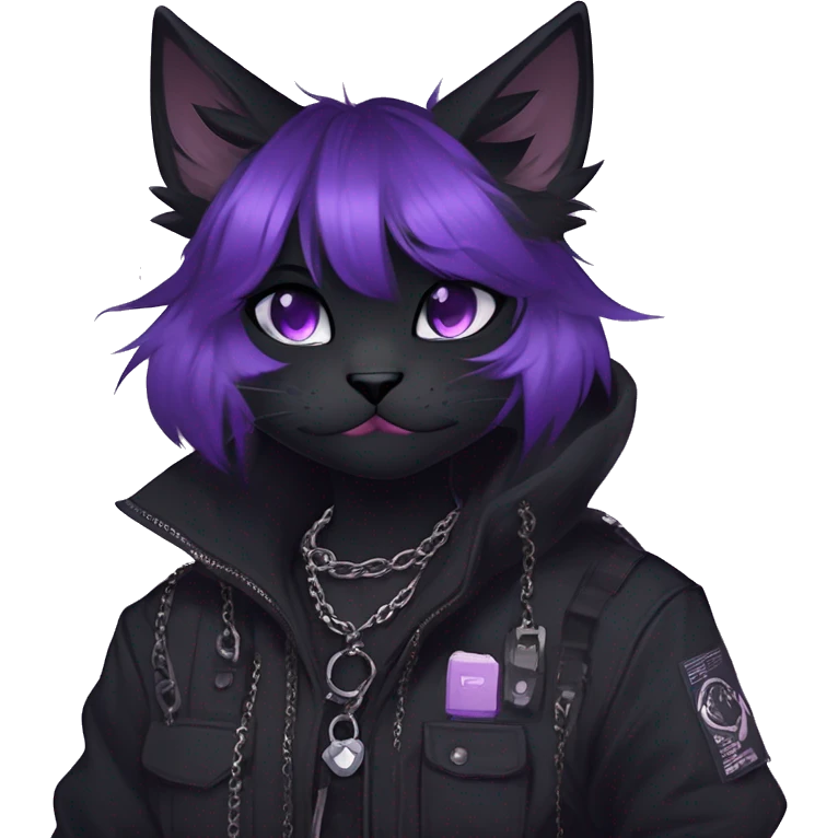 Gorgeous furry gothic dark techwear anime style anthro black cat furry sona Fakemon with blushing face aesthetic and pretty edgy black with violet collar and harness trending style chains cargo pants tomboy emoji