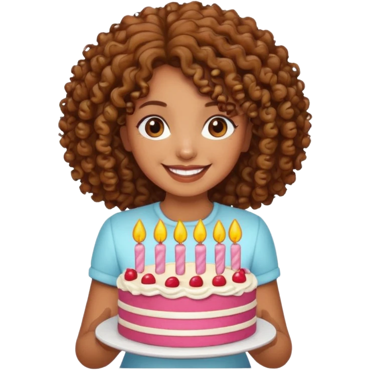 Brown Curly haired girl with a cake emoji