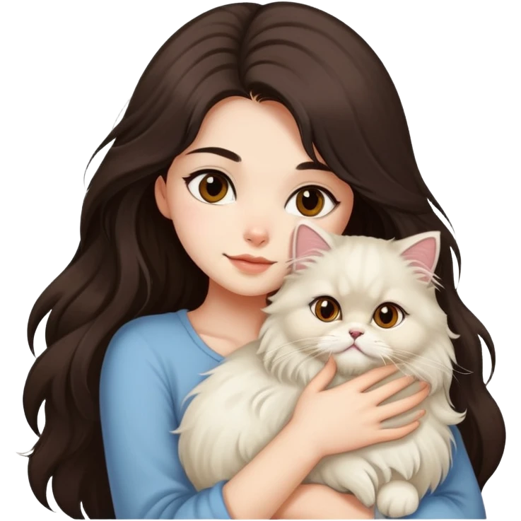 pretty girl with DARK long hair hugging her light hair fluffy persian cat  emoji