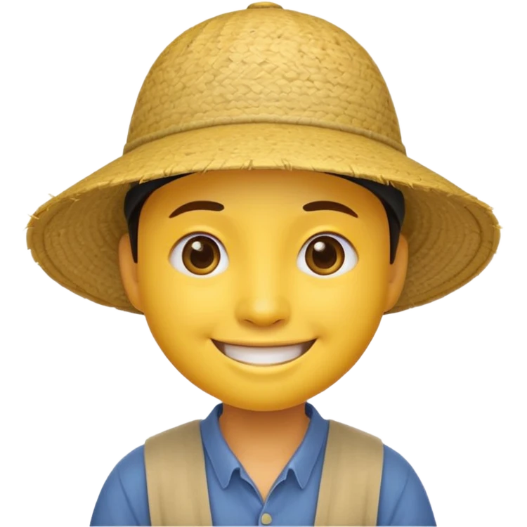 Yellow emoji smiley face with stereotypical Chinese facial features and rice farmer hat emoji