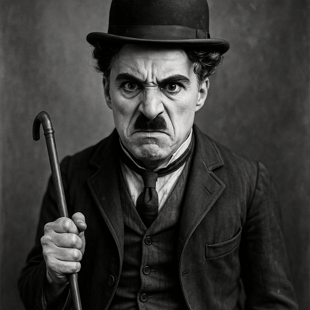angry Charlie Chaplin, expressive face, bowler hat, mustache, cane, black and white, classic silent film style emoji