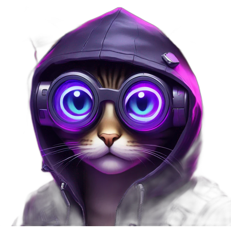 Russian cat wearing a black hoodie with "OMG" letters on it and VR headset in a cyberpunk VR environment with violet neon lighting. emoji