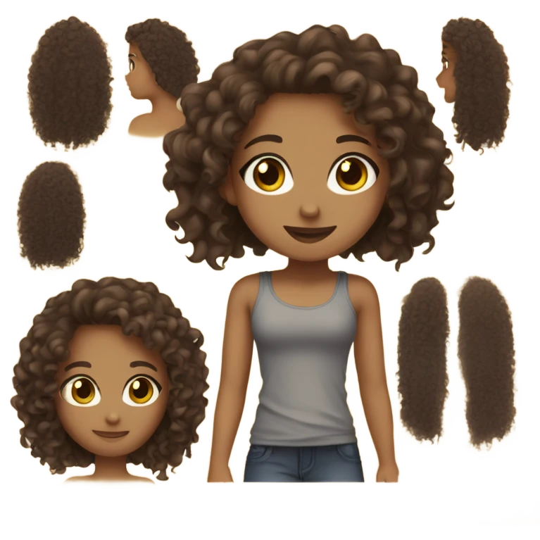 Girl wearing dark, gray tank top, long, brown, curly hair, hazel eyes caramel skin emoji