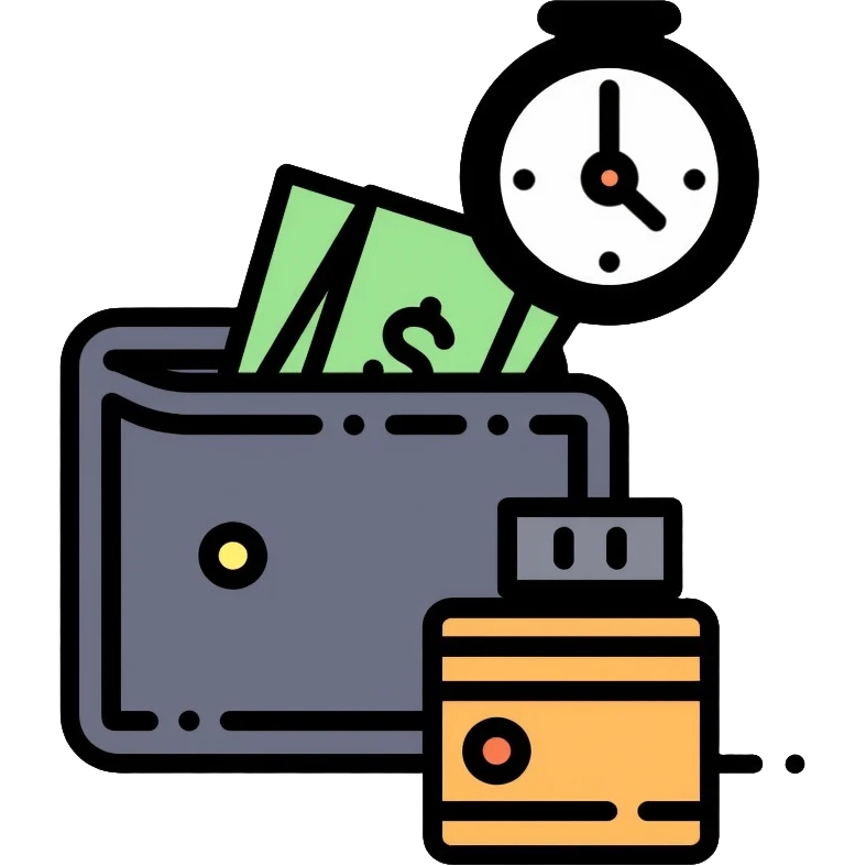 black wallet with dollars visible inside and a small clock in top right corner positioned over the wallet emoji