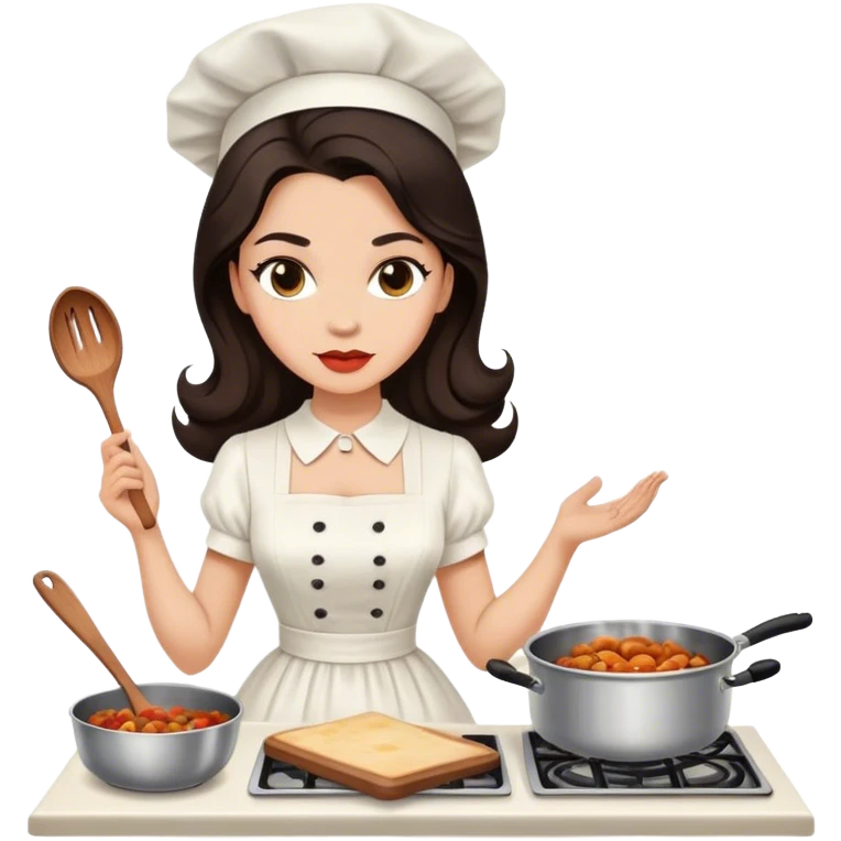Beautiful woman in 1950’s woman fashion look, white dress, long dark brown hair, cooking emoji