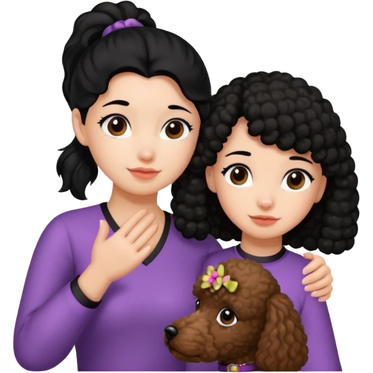 Ponytail black hair girl with brown Poodle say goodbye  emoji