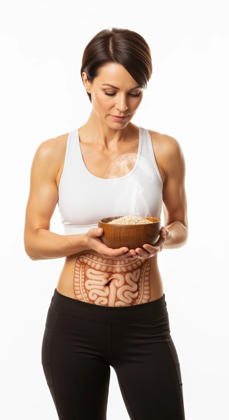 donna con bowl di avena in mano e intestino in evidenza, isolata su sfondo bianco emoji