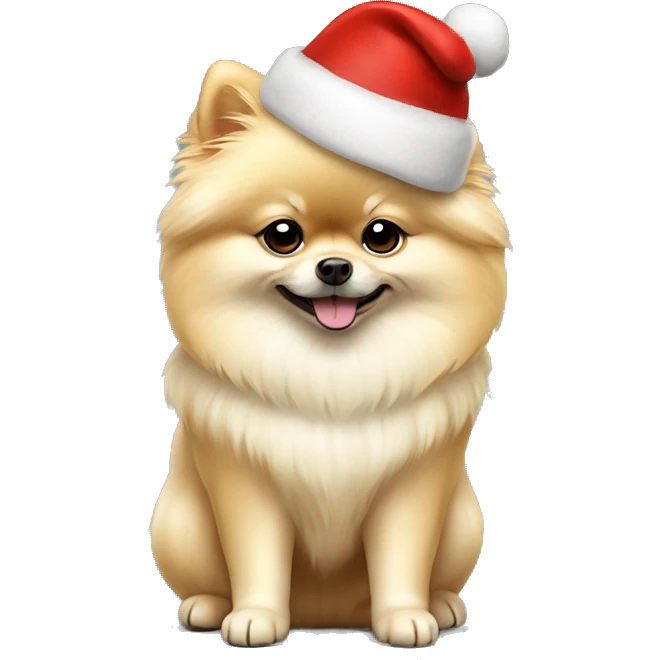 Light Cream Pomeranian with Christmas hat full body emoji