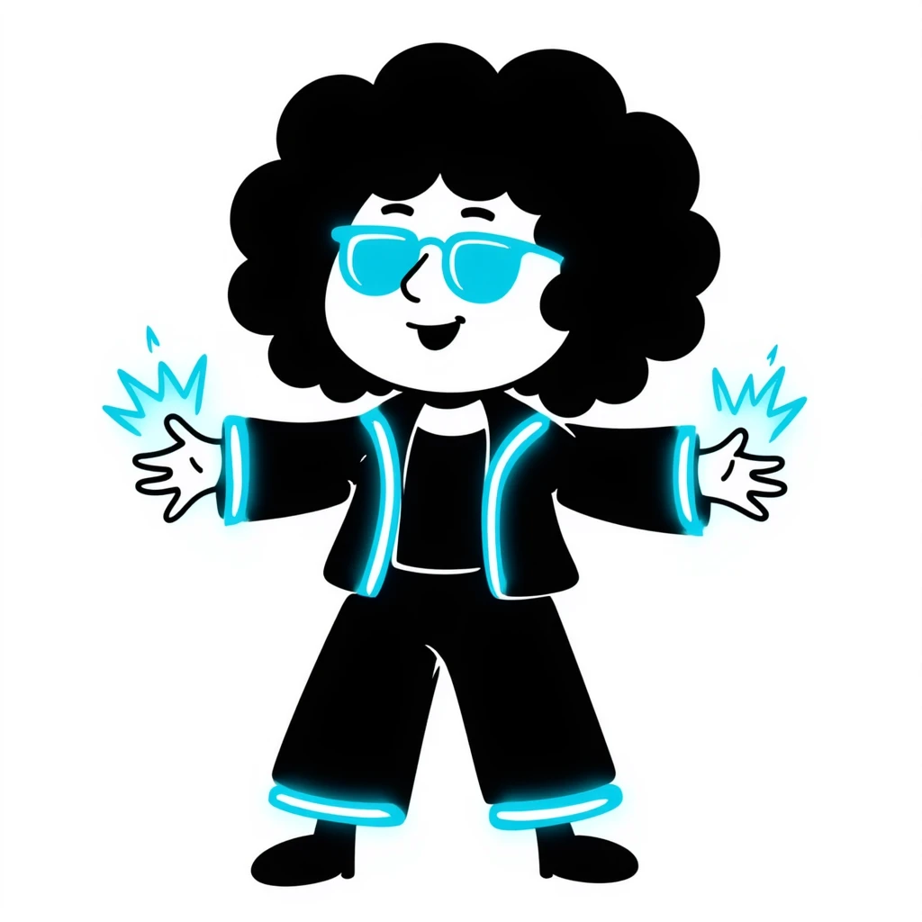 Cabbage Patch Kid dressed as Tron character with neon accessories, 80's retro sci-fi style emoji