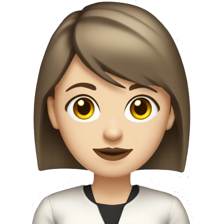 Slavic woman with blue eyes, fair skin, straight gradient brown hair with yellow streaks, medium bob cut, goth eyes makeup, beige lips, dressed in white T-shirt and office black jacket. emoji