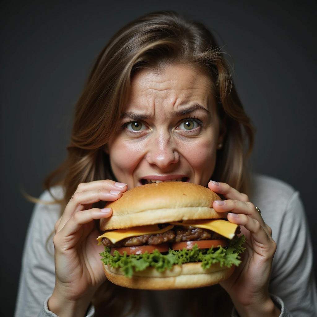 hyperrealistic image of a woman with a stressed look eating a very large sandwich quickly, uncontrollable hunger, white background, variation 4 emoji