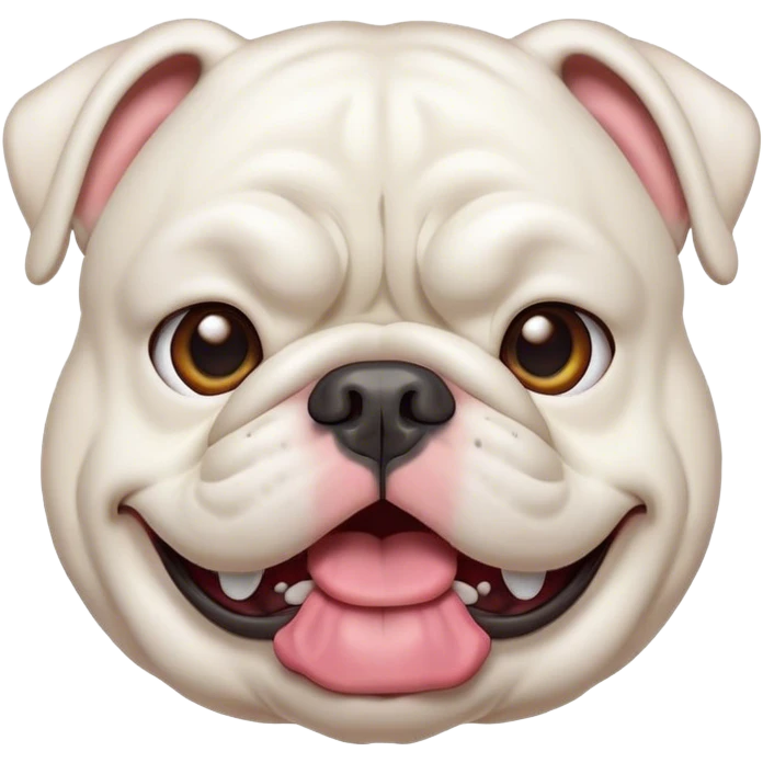 Cinematic Comical White English Bulldog Portrait Emoji, Head tilted dramatically with an exaggeratedly amused expression, featuring a striking pure white coat with a subtle sheen, wide, expressive brown eyes filled with playful disbelief, Simplified yet hilariously expressive features, highly detailed, glowing with a slightly sassy glow, high shine, dramatic yet playful, stylized with an air of cheeky defiance, bright and endearing, soft glowing outline, capturing the essence of a spirited and over-the-top guardian, so meme-worthy it feels like it could side-eye its way into internet fame instantly! emoji