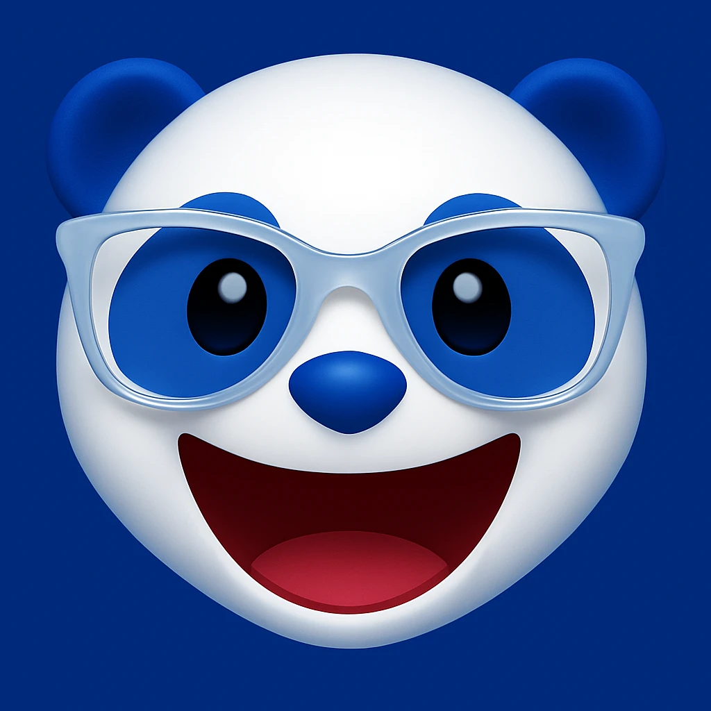Add a solid blue background with color #002FA7 behind the panda, keeping the subtle blue glow. Maintain the playful 3D emoji look with white and #002FA7 blue coloring. The panda should have translucent white designer glasses and a big open-mouthed smile. The style should resemble a playful 3D emoji. emoji