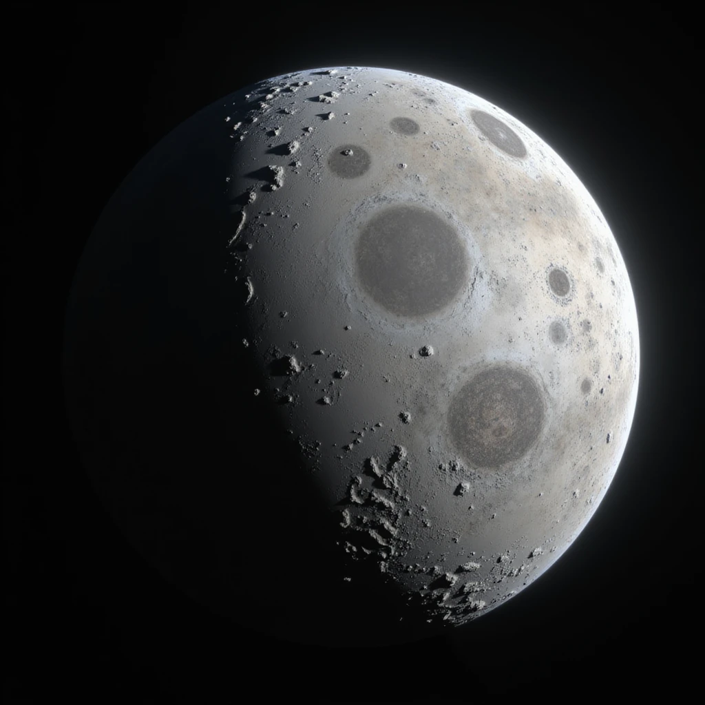 planet Mercury, round, rocky gray ball, covered in pitted marks and rough patches, realistic, illuminated edge, deep shadows, space background emoji