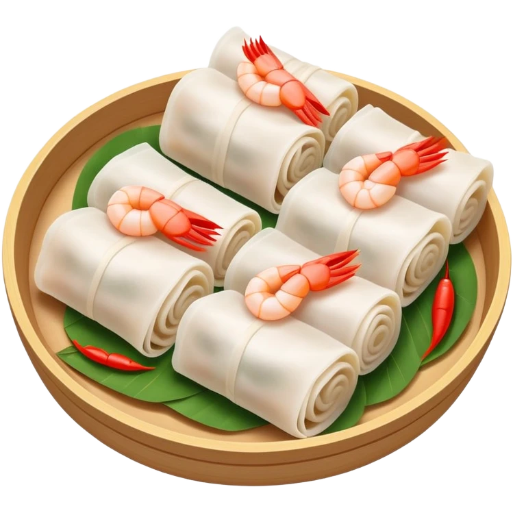 Shrimp rice noodle roll Har Cheung Fun with visible shrimp inside, simplified emoji style with bold outlines and bright colors, cartoon style Cantonese dim sum specialty emoji