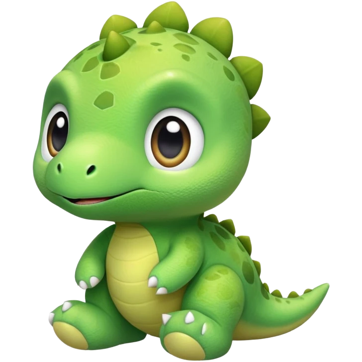 A tiny green baby dinosaur plush toy with extra large head and eyes emoji