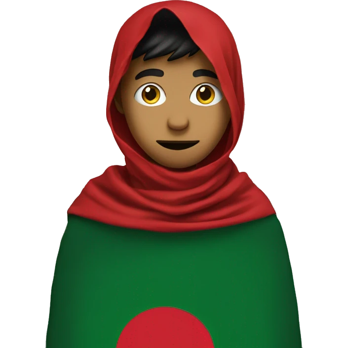 Bangladesh flag behind, a 20 year young boy in front , red cloth covering his face emoji