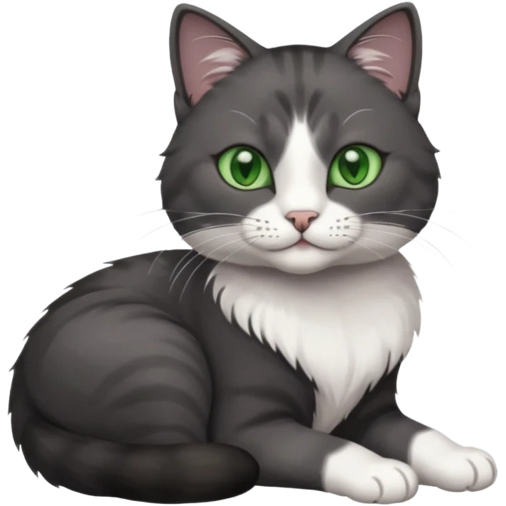 beautiful female solid dark grey cat with green eyes, white toes/paws and white patch on her chest rolling over emoji