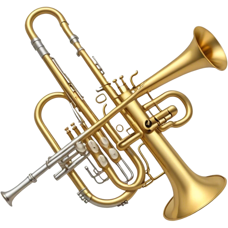 Create a simple and symbolic emoji collage representing wind instruments. Include a variety of iconic elements like the bell of a trumpet, the mouthpiece of a saxophone, and a subtle outline of a trombone. Arrange the elements in a dynamic and balanced way. Use warm metallic tones like gold, brass, and silver for the instruments, with a clean and minimalist design. The background should be transparent, focusing on the shapes and silhouettes of the instruments to convey their essence without excessive detail. emoji