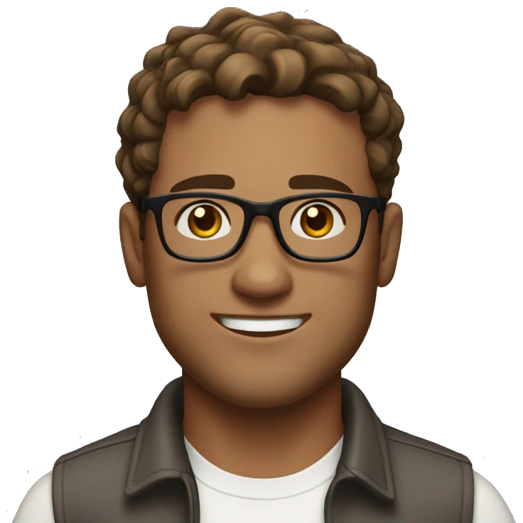 32 year old man, oval face, brown hair, glasses, brown eyes, white skin, white shirt, short hair
 emoji