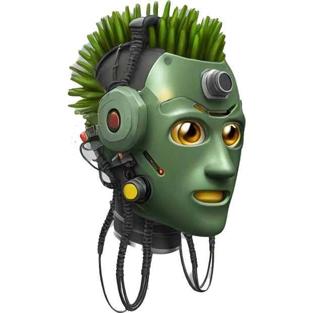 Olive green mohawk cyborg head with respirator mask and circuits emoji