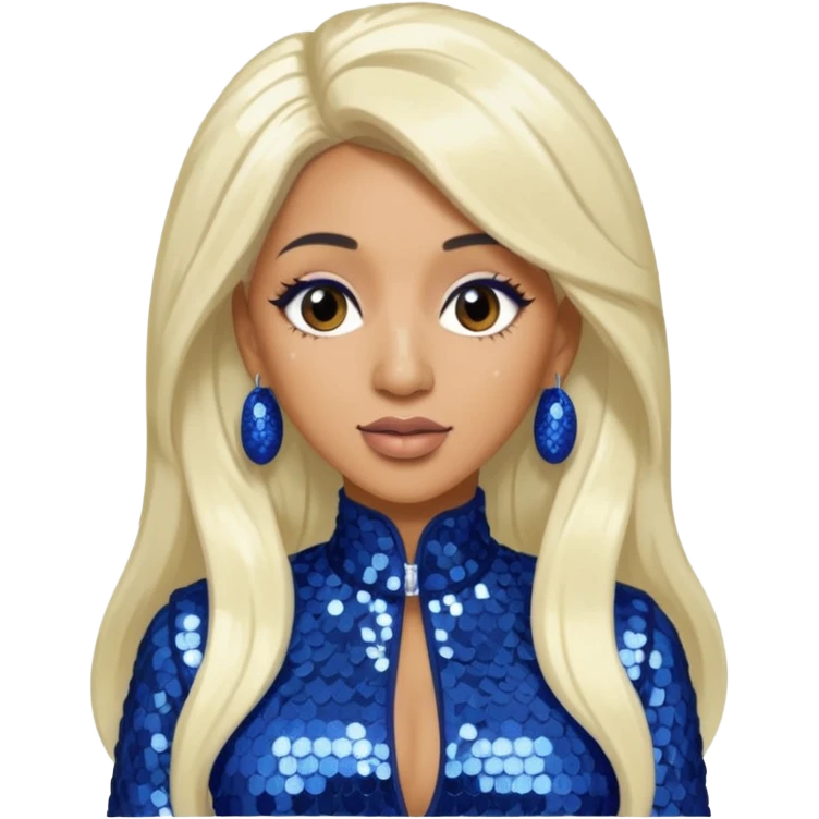 Cardi B with tan skin, long white blonde hair, indigo sequin outfit emoji