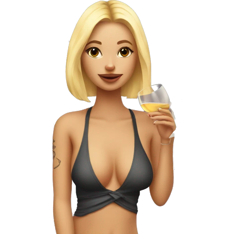 blonde girl in swimsuit, tattoos everywhere, drinking wine emoji