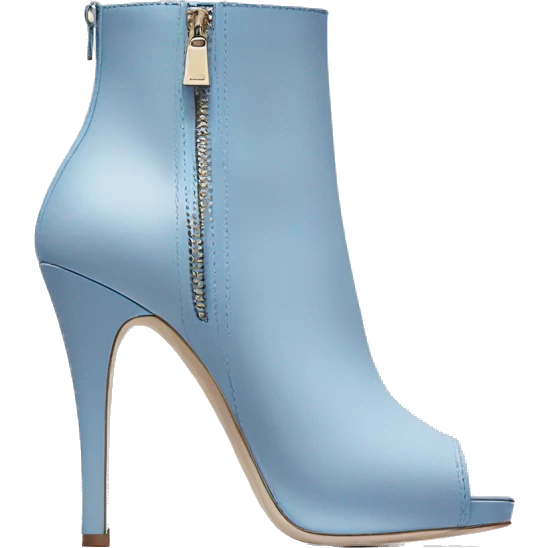 Realistic isolated front facing view of a pair of kate spade  pastel blueberry high heel zip up peep toe ankle boots.  emoji