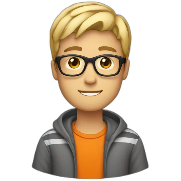guy with black glasses dirtyblonde short hair with orange tshirt and gray striped scarf emoji
