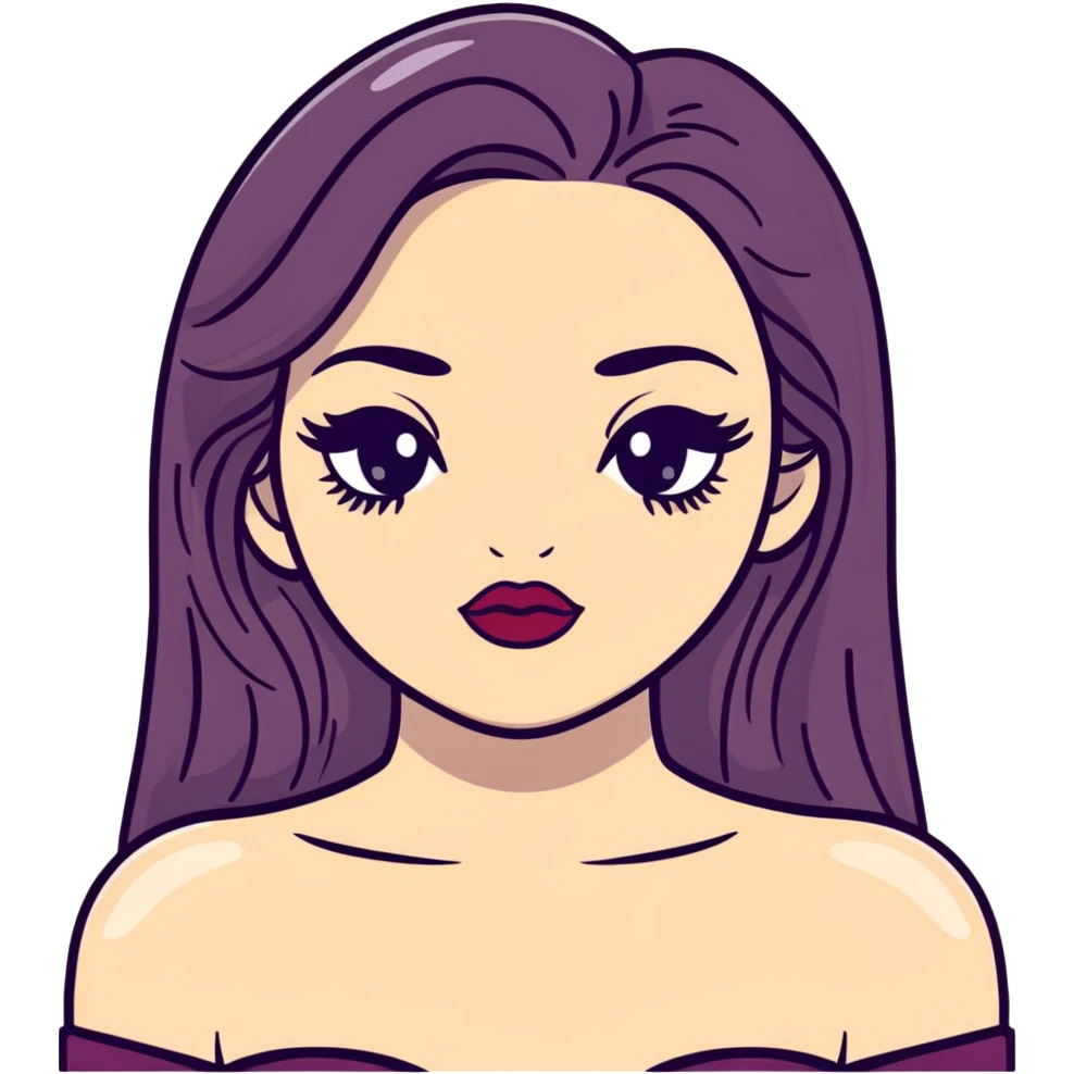 White girl with long oval face, huge round black eyes, big eyelashes, heather berry colored lips, shiny full lips, face closeup with bare shoulders, long straight middle-parted hair emoji