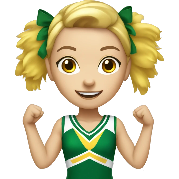 White girl Cheerleader cheering with green and yellow uniform and poms emoji