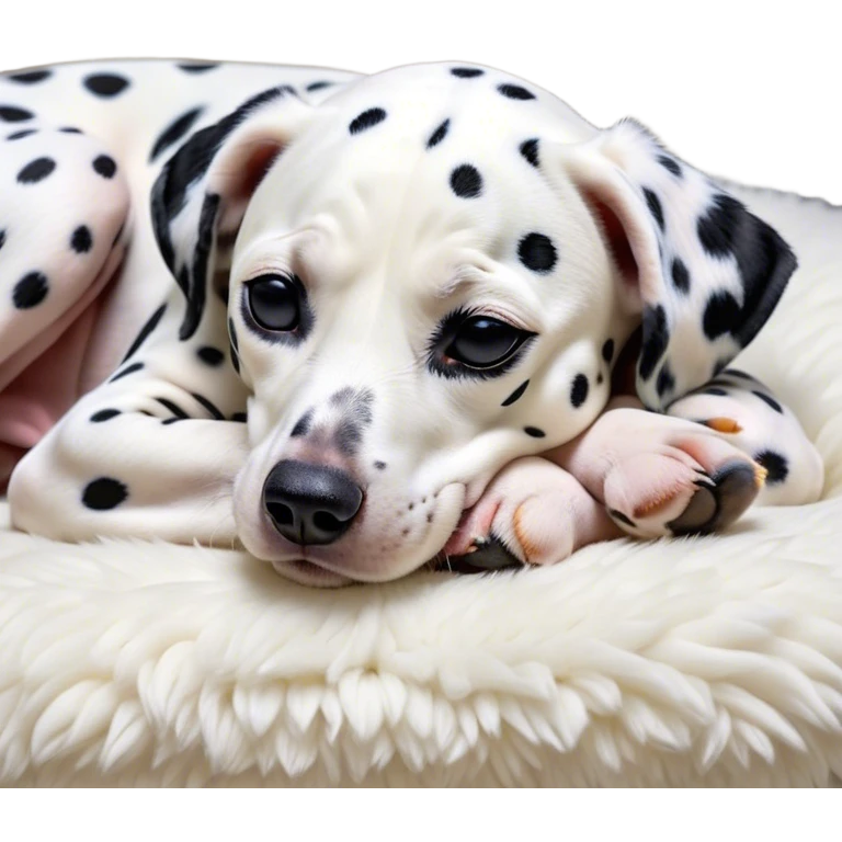 Meme-Worthy Cute Sleeping Spotted Dalmatian Portrait Emoji, Head resting peacefully with a contented smile, showcasing a delightfully majestic build and a luxuriously soft Fur of predominantly white with bold black patches, eyes shut in a serene nap, Simplified yet hilariously adorable features, highly detailed, glowing with a soft, drowsy light, high shine, relaxed and utterly lovable, stylized with an air of playful laziness, bright and heartwarming, soft glowing outline, capturing the essence of a comically sleepy guardian, so meme-worthy it feels like it could instantly become the next viral sensation of adorable slumber! emoji