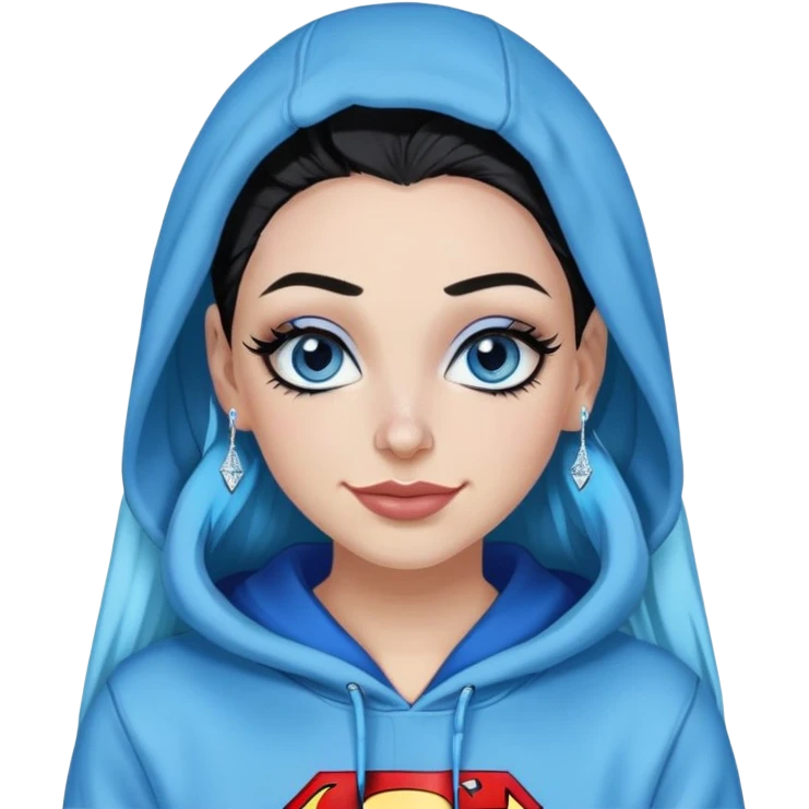 Teeth-showing-Smiling-30-year-old-adult-long-straight-dark-blue-and-glitter-in-hair-blue-eyes-thick-black-eyeliner-really-thick-really-long-eye-lashes-sky-blue-superman-no-ears-hoodie-sweatshirt-nose-piercing-lip-piercing emoji